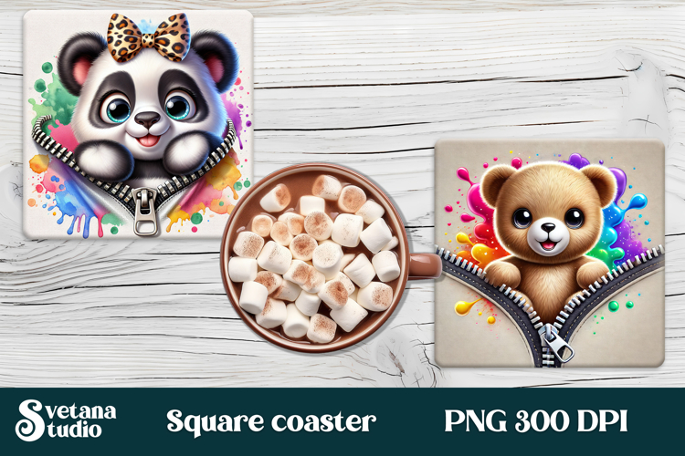 Animal square coaster sublimation | Cute animal coaster PNG