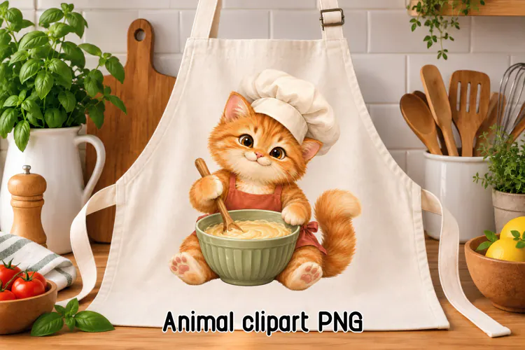 Cute Cat Baker Mixing Bowl Clipart PNG