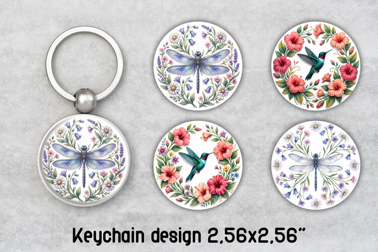 Floral Dragonfly Hummingbird Round Keychain PNG example image 1