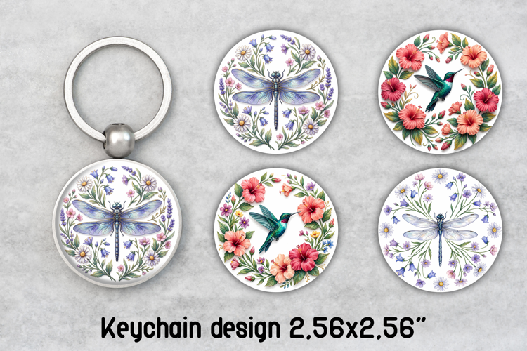 Floral Dragonfly Hummingbird Round Keychain PNG