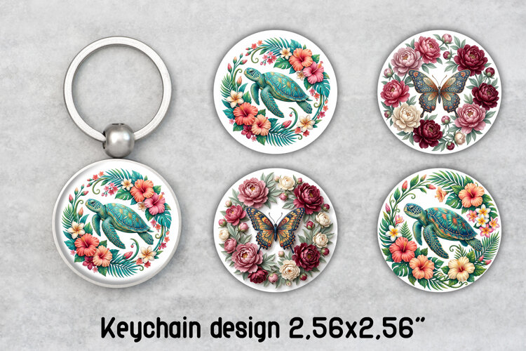 Floral Sea Turtle Butterfly Round Keychain PNG example image 1