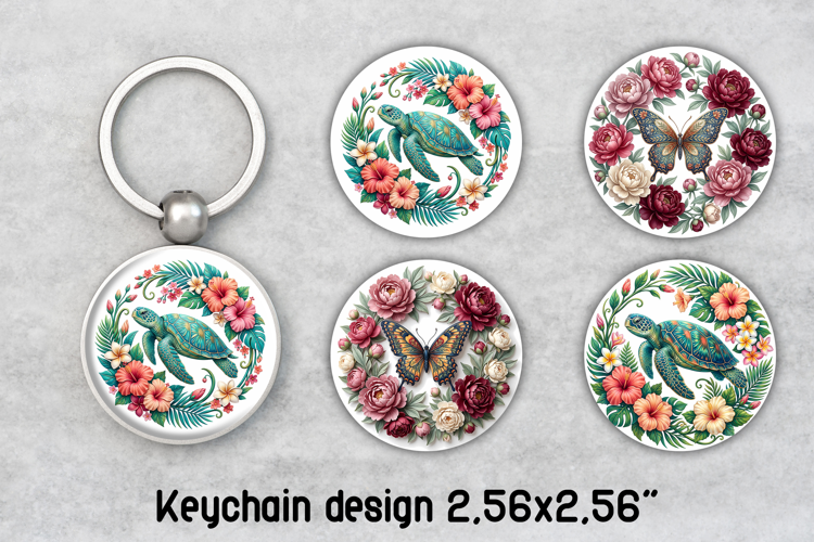 Floral Sea Turtle Butterfly Round Keychain PNG