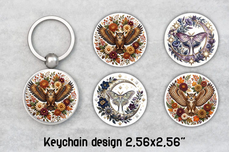 Autumn Owl and Luna Moth Round Keychain PNG