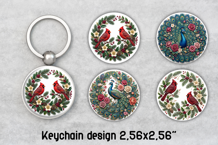 Christmas Cardinal and Floral Peacock Keychain PNG