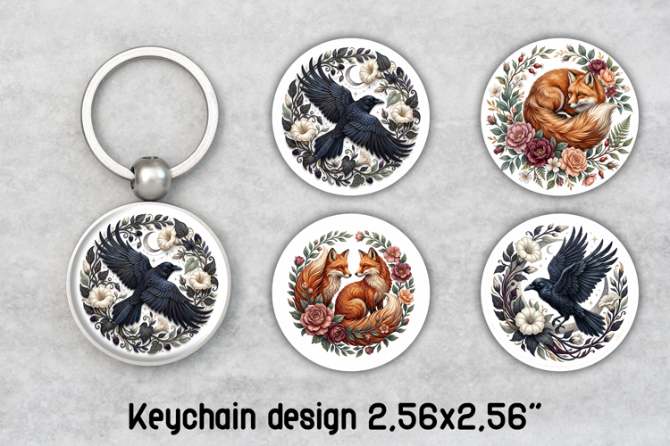 Floral Raven and Fox Round Keychain PNG
