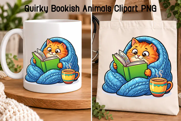 Cozy Cat Reading Book Clipart PNG | Animal sublimation