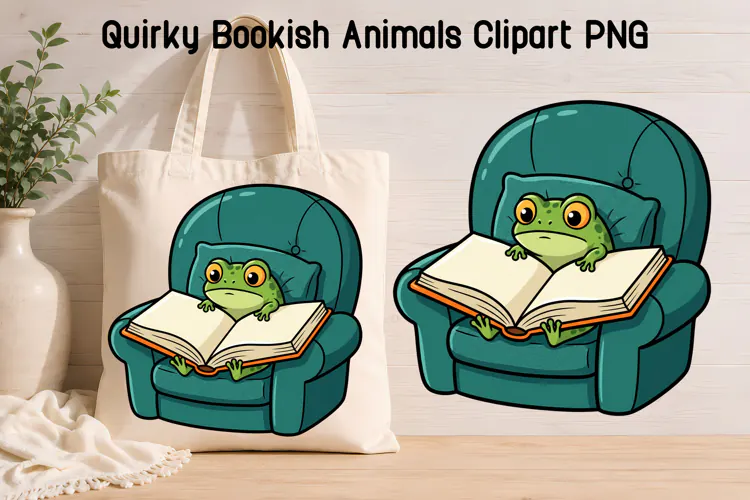 Cozy Frog Reading Book Clipart PNG | Animal sublimation