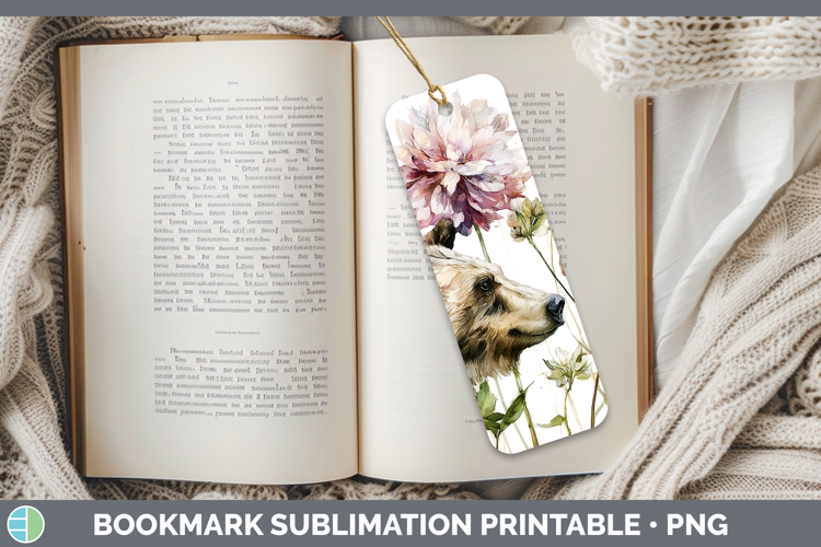 Bear Bookmark Animals Autumn Floral Sublimation Printable D