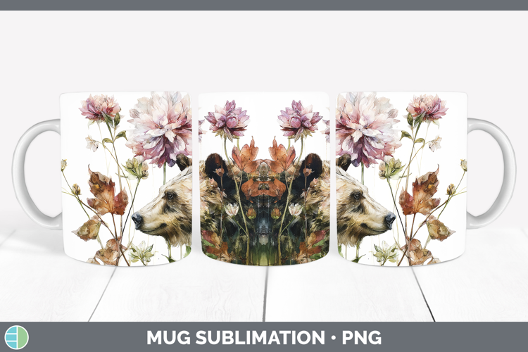Bear Mug Wrap Animals Autumn Floral Sublimation Coffee Cup