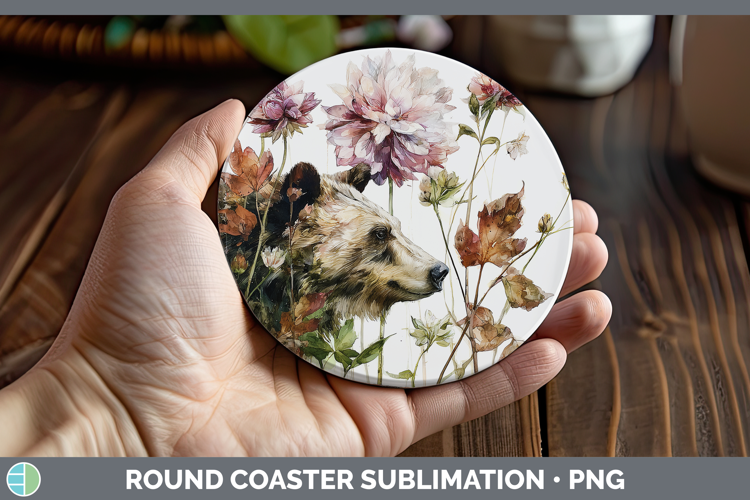 Bear Round Coaster Animals Autumn Floral Sublimation Coaste