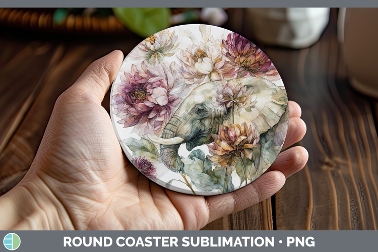 Elephant Round Coaster Animals Autumn Floral Sublimation Co