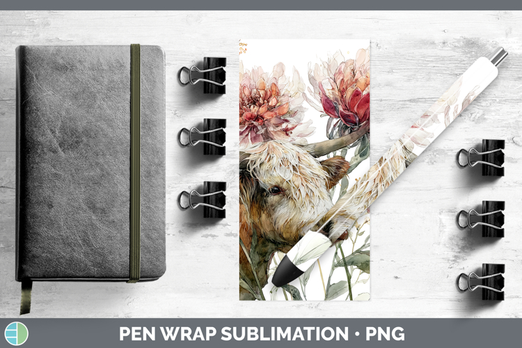 Highland Cow Pen Wrap Animals Autumn Floral Sublimation Pen