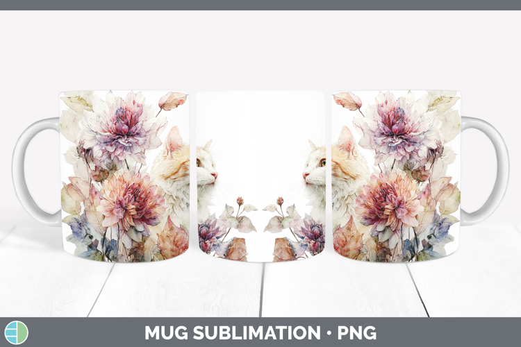 Kitten Mug Wrap Animals Autumn Floral Sublimation Coffee Cu