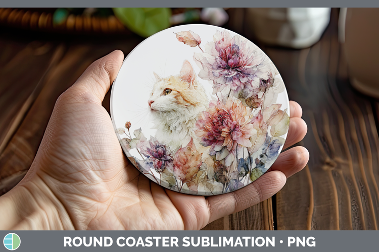 Kitten Round Coaster Animals Autumn Floral Sublimation Coas
