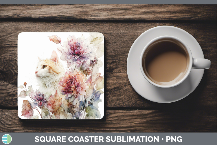 Kitten Square Coaster Animals Autumn Floral Sublimation Coa