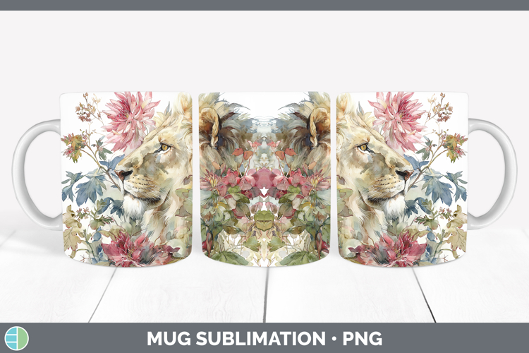 Lion Mug Wrap Animals Autumn Floral Sublimation Coffee Cup