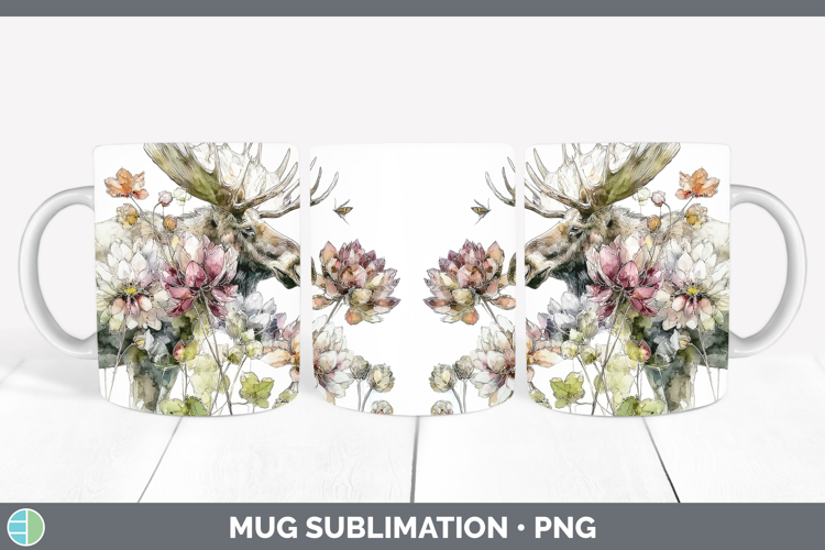 Moose Mug Wrap Animals Autumn Floral Sublimation Coffee Cup