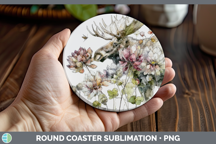 Moose Round Coaster Animals Autumn Floral Sublimation Coast
