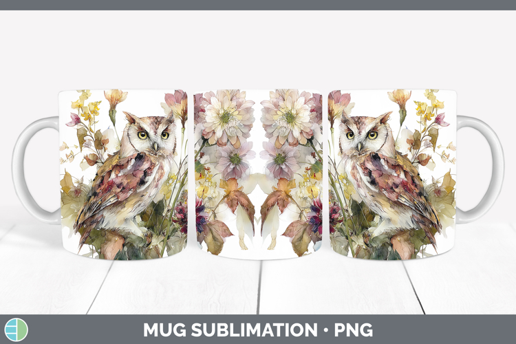 Owl Mug Wrap Animals Autumn Floral Sublimation Coffee Cup D