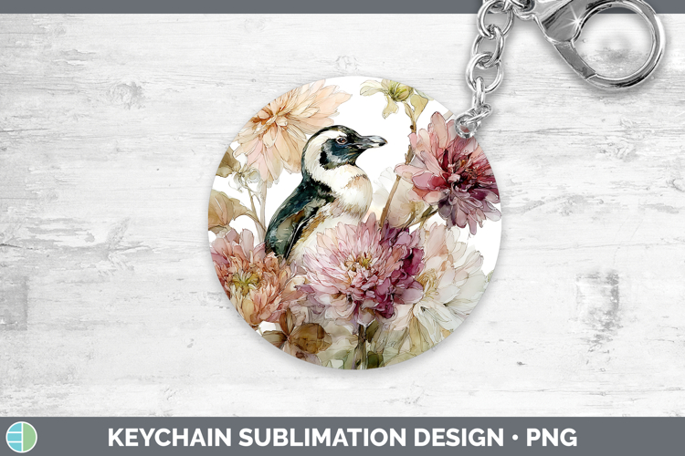 Penguin Keychain Animals Autumn Floral Sublimation Keyring