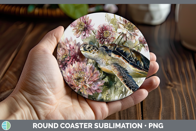 Sea Turtle Round Coaster Animals Autumn Floral Sublimation