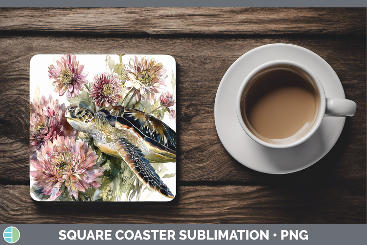Sea Turtle Square Coaster Animals Autumn Floral Sublimation