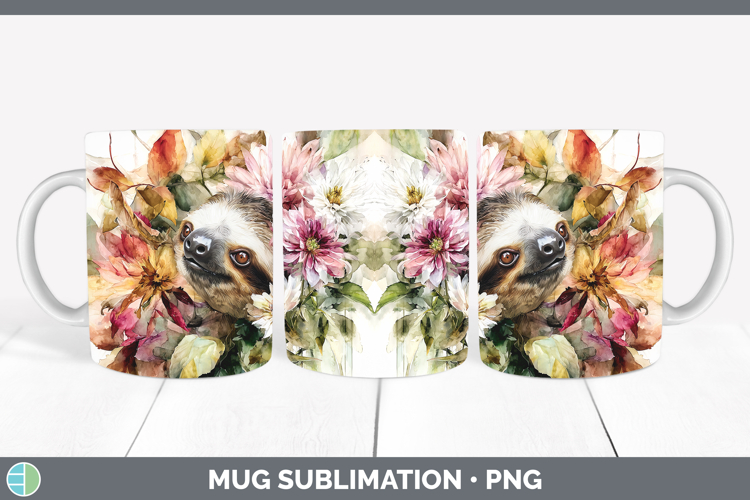 Sloth Mug Wrap Animals Autumn Floral Sublimation Coffee Cup