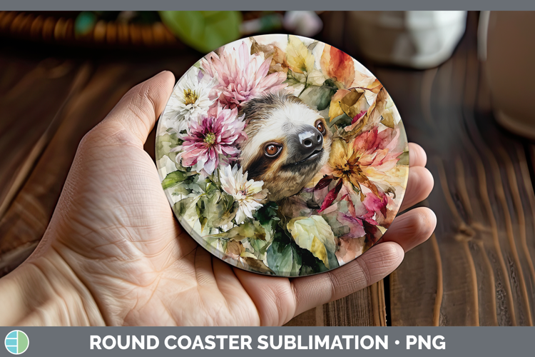 Sloth Round Coaster Animals Autumn Floral Sublimation Coast