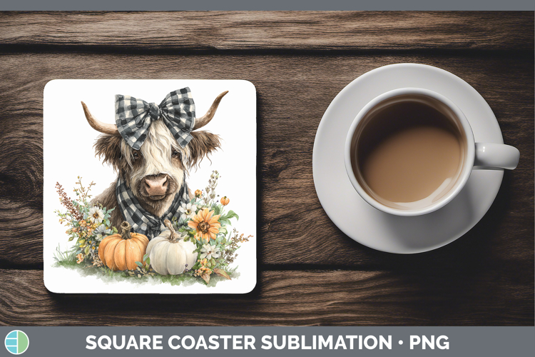 Animals Autumn Pumpkin Highland Cow Square Coaster Sublimati