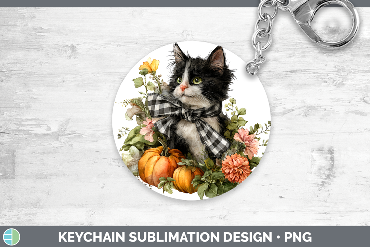 Animals Autumn Pumpkin Kitten Keychain Sublimation Keyring D