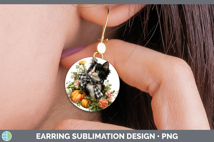 Animals Autumn Pumpkin Kitten Round Earrings Sublimation Ear