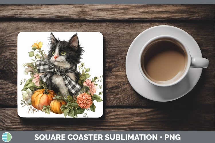 Animals Autumn Pumpkin Kitten Square Coaster Sublimation Coa