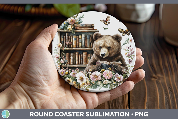Animals Bookshelf Bear Round Coaster Sublimation Coaster Des