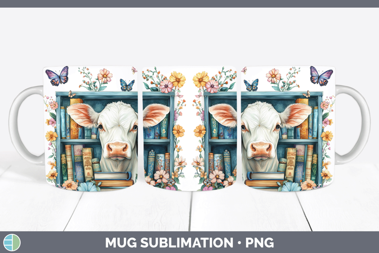 Animals Bookshelf Cow Mug Wrap Sublimation Coffee Cup Design
