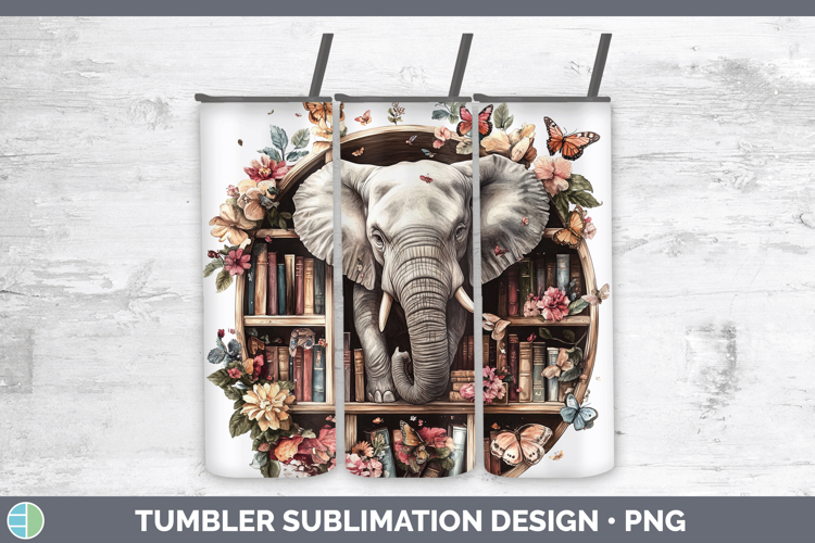 Animals Bookshelf Elephant Tumbler Sublimation 20 oz Skinny