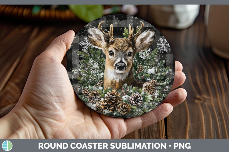 Deer Animals Checker Christmas Round Coaster Sublimation Des