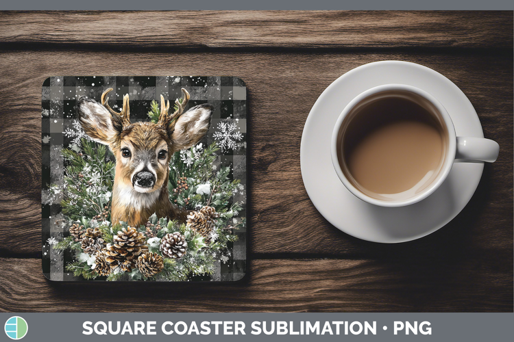 Deer Animals Checker Christmas Square Coaster Sublimation De