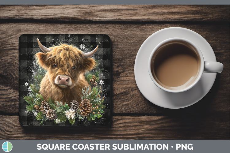 Highland Cow Animals Checker Christmas Square Coaster Sublim