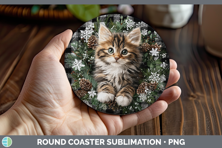 Kitten Animals Checker Christmas Round Coaster Sublimation D