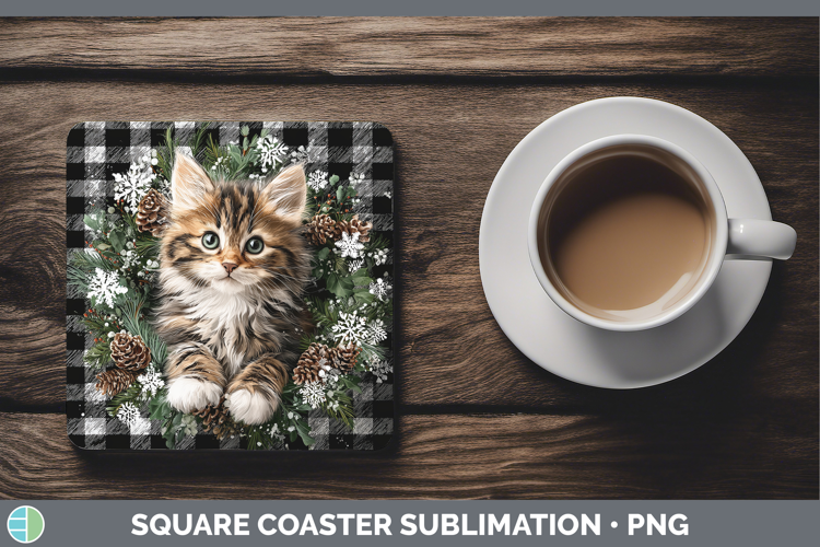 Kitten Animals Checker Christmas Square Coaster Sublimation