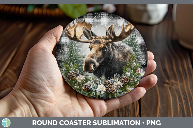 Moose Animals Checker Christmas Round Coaster Sublimation De