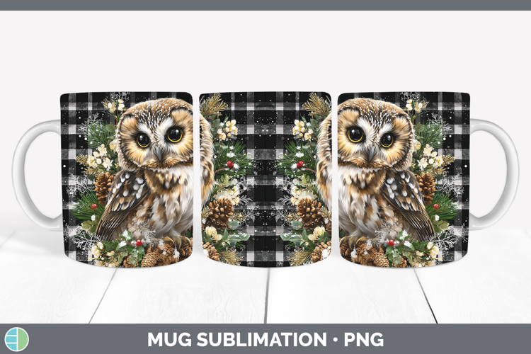 Owl Animals Checker Christmas Mug Wrap Sublimation Design