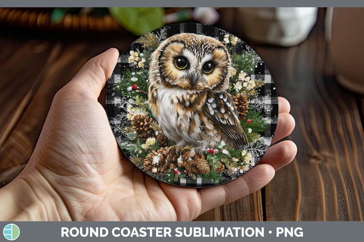 Owl Animals Checker Christmas Round Coaster Sublimation Desi