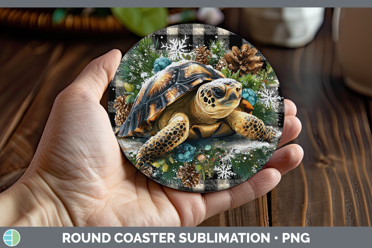 Sea Turtle Animals Checker Christmas Round Coaster Sublimati