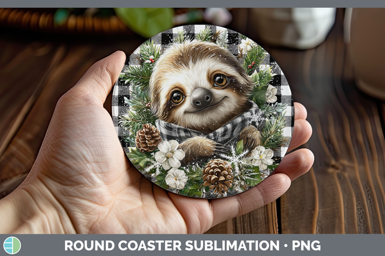 Sloth Animals Checker Christmas Round Coaster Sublimation De