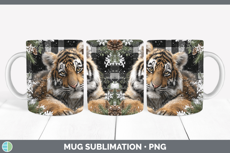 Tiger Animals Checker Christmas Mug Wrap Sublimation Design