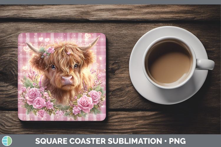 Highland Cow Animals Checker Valentine Square Coaster Sublim