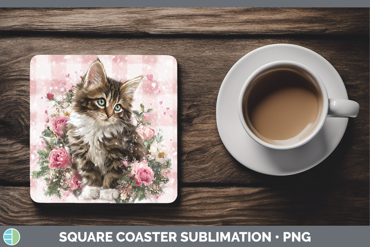 Kitten Animals Checker Valentine Square Coaster Sublimation