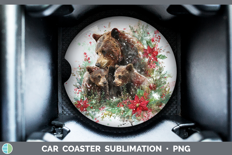 Bear Animals Christmas Poinsettia Car Coaster Sublimation De