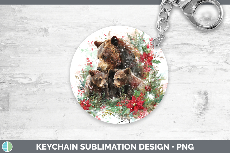 Bear Animals Christmas Poinsettia Keychain Sublimation Desig